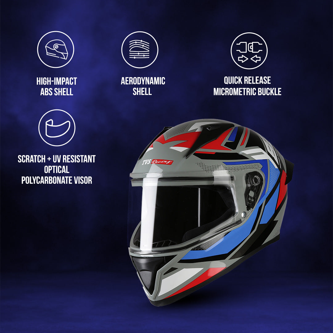 TVS Racing Titan Series Full Face Helmet for Men | Premium Bike Helmets with ABS Shell, UV Paint | Quick Release System | Aerodynamic Design | DOT & ISI Certified