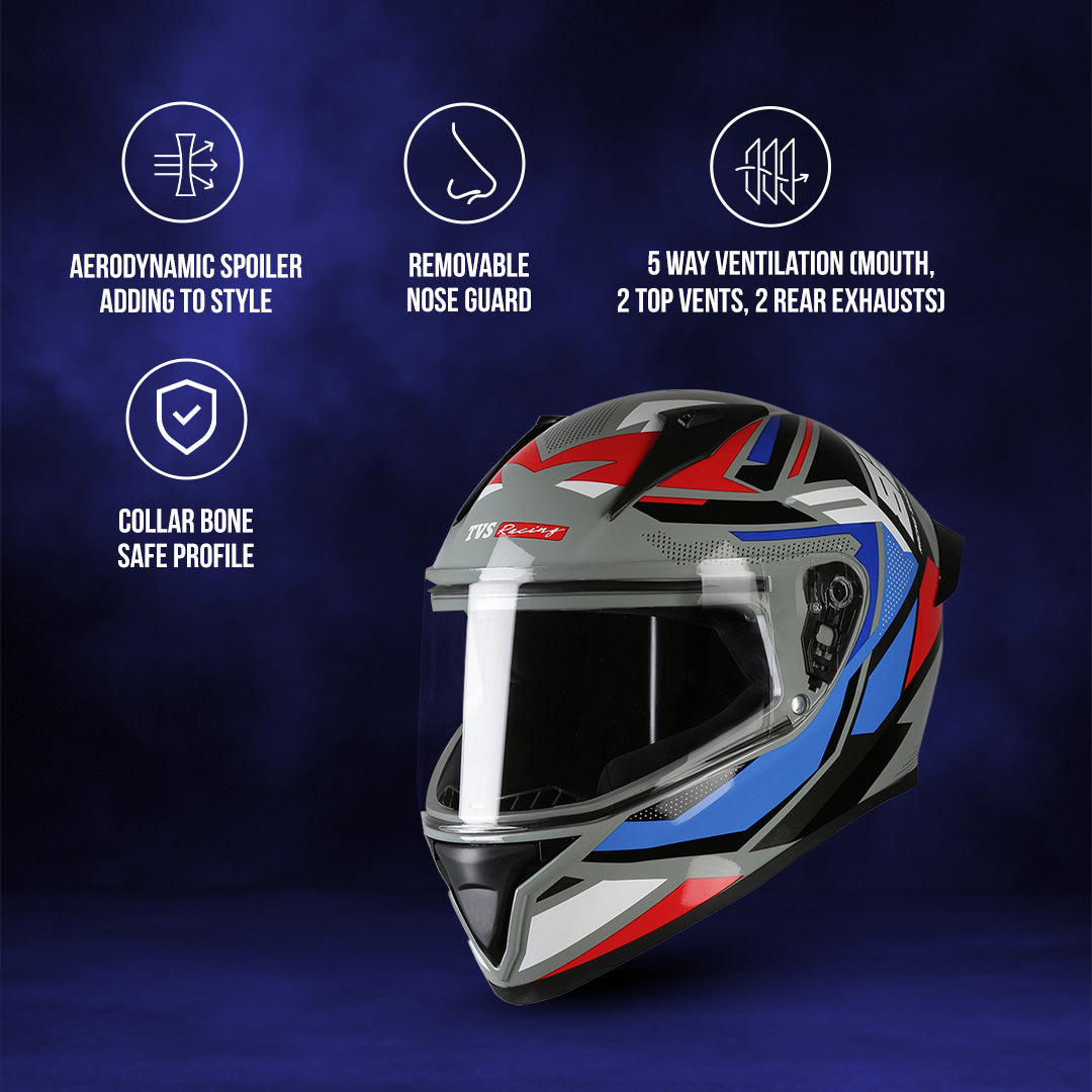 TVS Racing Titan Series Full Face Helmet for Men | Premium Bike Helmets with ABS Shell, UV Paint | Quick Release System | Aerodynamic Design | DOT & ISI Certified