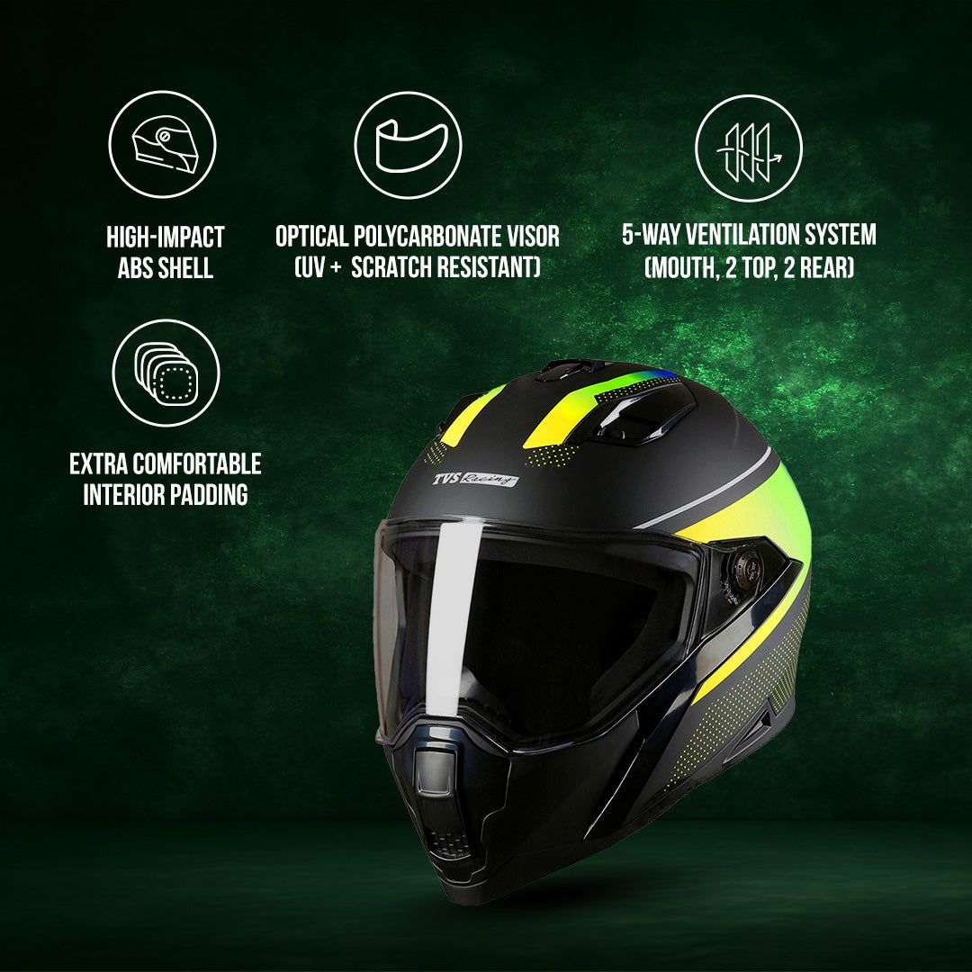 TVS Racing Anti Matter Full Face Helmet for Bike & Motorcycle Riders-DOT & ISI Certified-Lightweight ABS Shell, UV Resistant-Ventilated Comfort Liner, Quick-Release Visor & Chin Strap