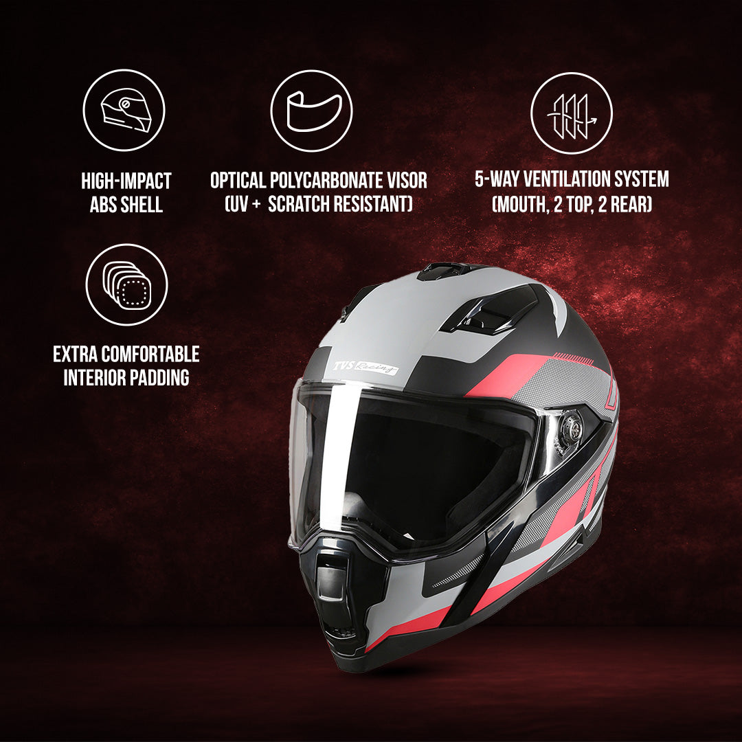 TVS Racing Anti Matter Full Face Helmet for Bike & Motorcycle Riders-DOT & ISI Certified-Lightweight ABS Shell, UV Resistant-Ventilated Comfort Liner, Quick-Release Visor & Chin Strap