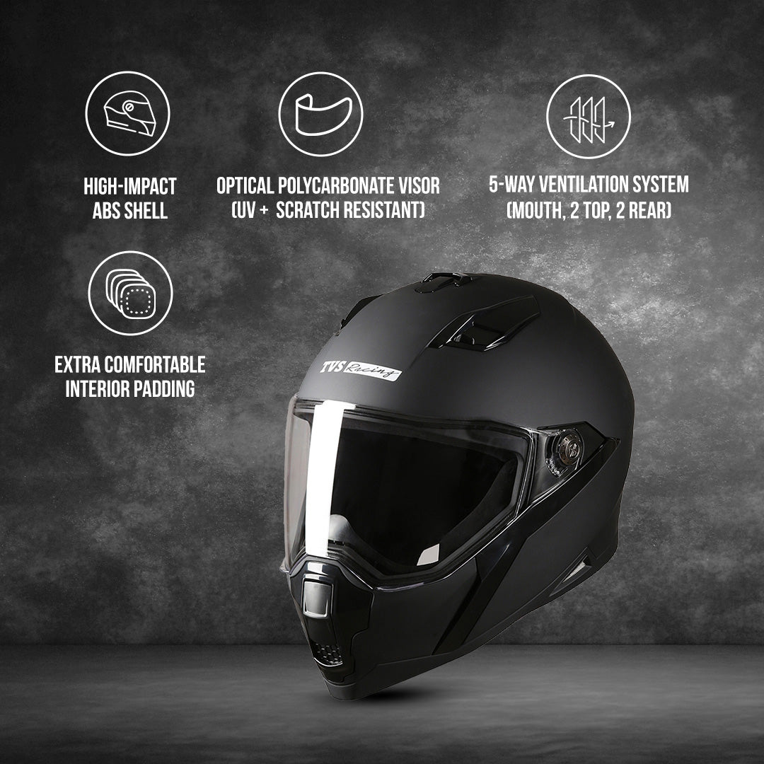 TVS Racing Anti Matter Full Face Helmet for Bike & Motorcycle Riders-DOT & ISI Certified-Lightweight ABS Shell, UV Resistant-Ventilated Comfort Liner, Quick-Release Visor & Chin Strap