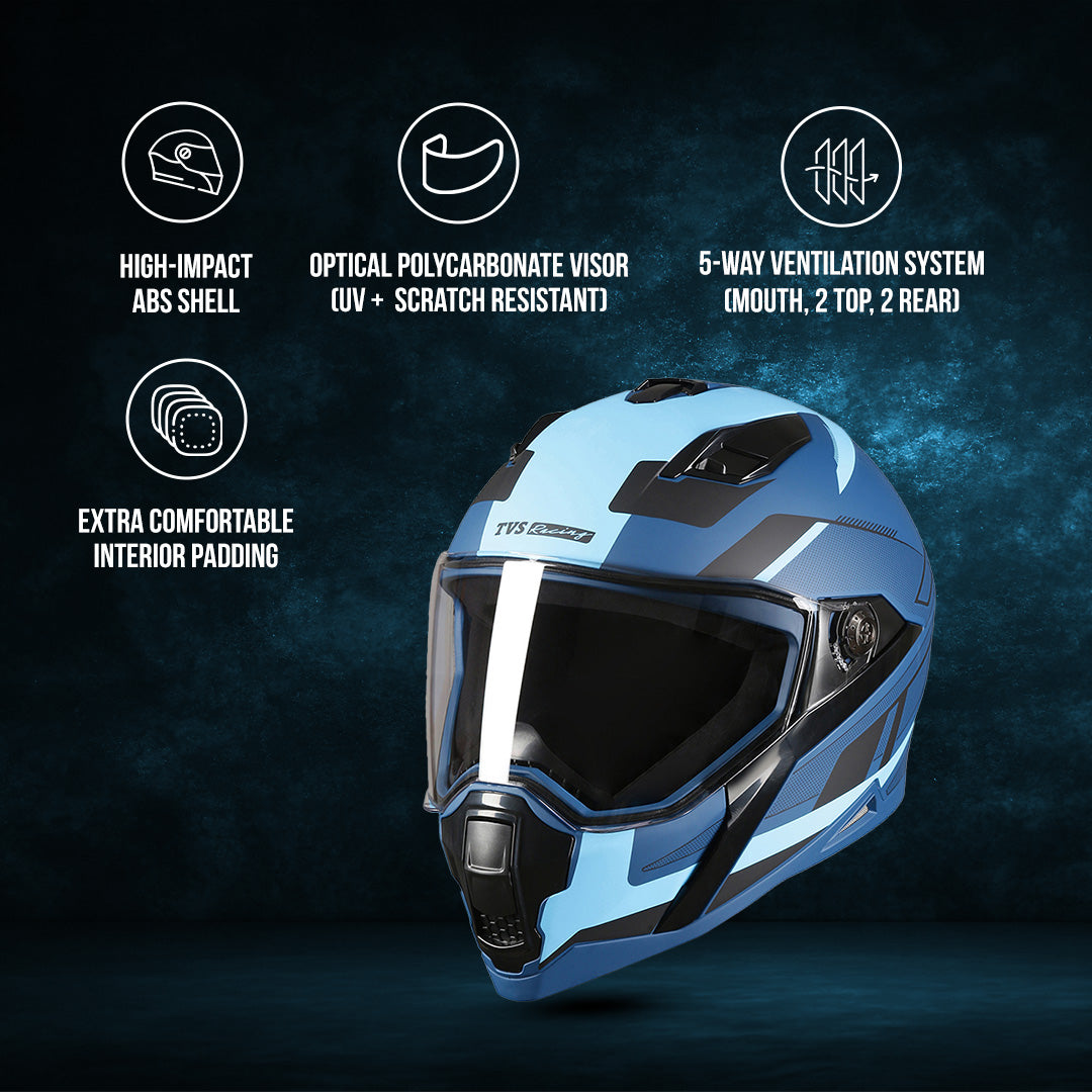 TVS Racing Anti Matter Full Face Helmet for Bike & Motorcycle Riders-DOT & ISI Certified-Lightweight ABS Shell, UV Resistant-Ventilated Comfort Liner, Quick-Release Visor & Chin Strap