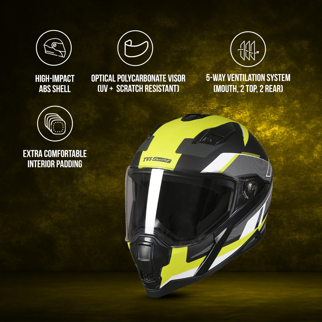 TVS Racing Anti Matter Full Face Helmet for Bike & Motorcycle Riders-DOT & ISI Certified-Lightweight ABS Shell, UV Resistant-Ventilated Comfort Liner, Quick-Release Visor & Chin Strap