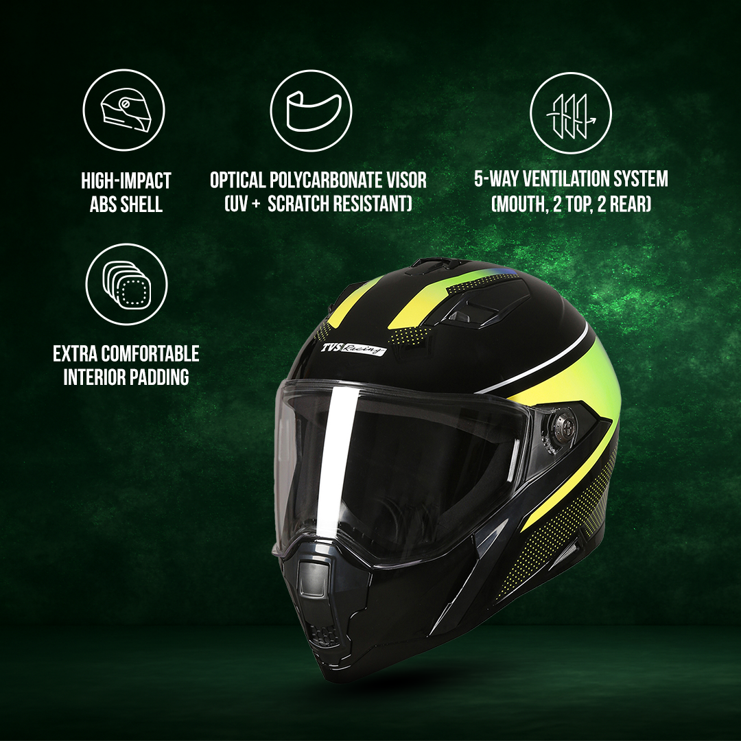 TVS Racing Anti Matter Full Face Helmet for Bike & Motorcycle Riders-DOT & ISI Certified-Lightweight ABS Shell, UV Resistant-Ventilated Comfort Liner, Quick-Release Visor & Chin Strap