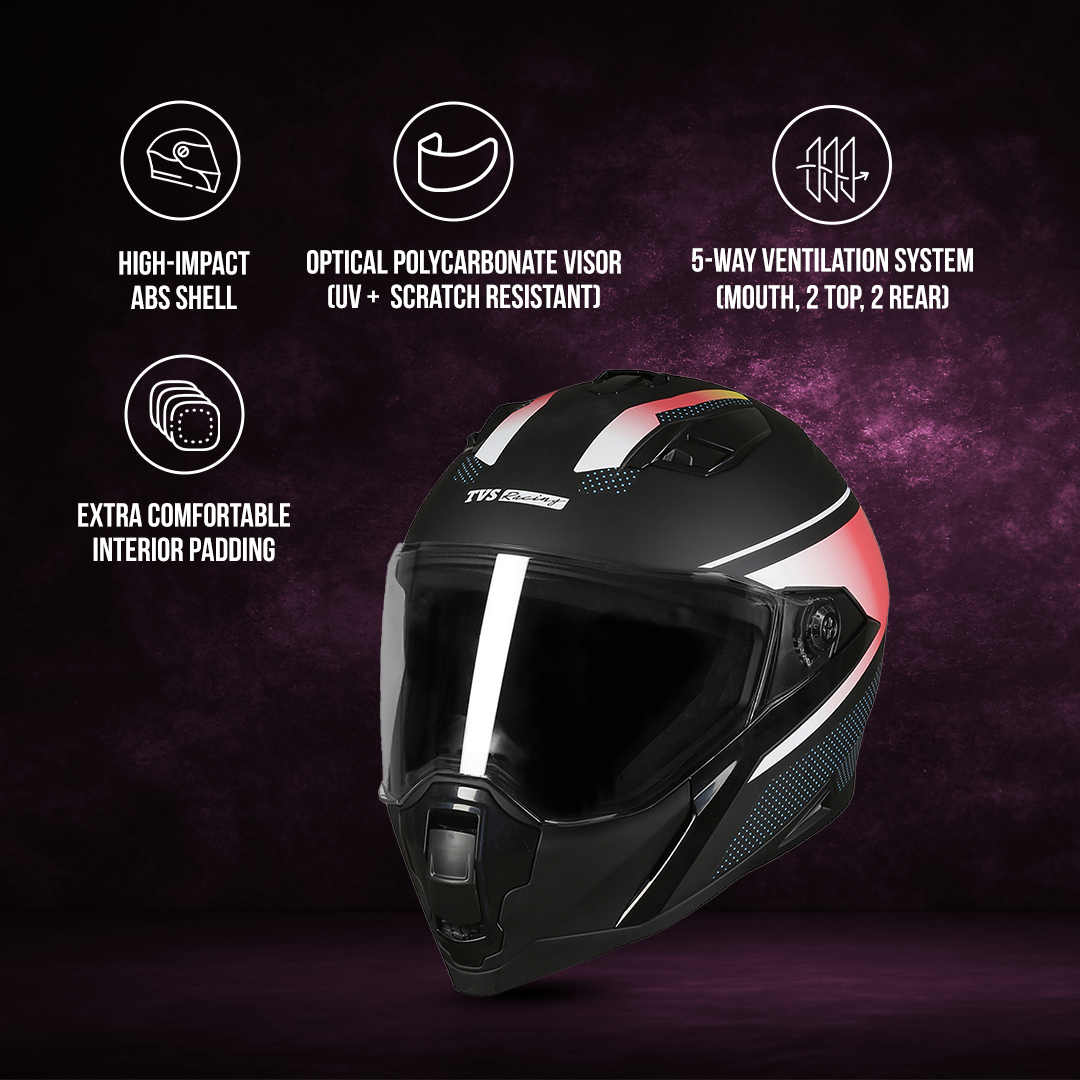 TVS Racing Anti Matter Full Face Helmet for Bike & Motorcycle Riders-DOT & ISI Certified-Lightweight ABS Shell, UV Resistant-Ventilated Comfort Liner, Quick-Release Visor & Chin Strap