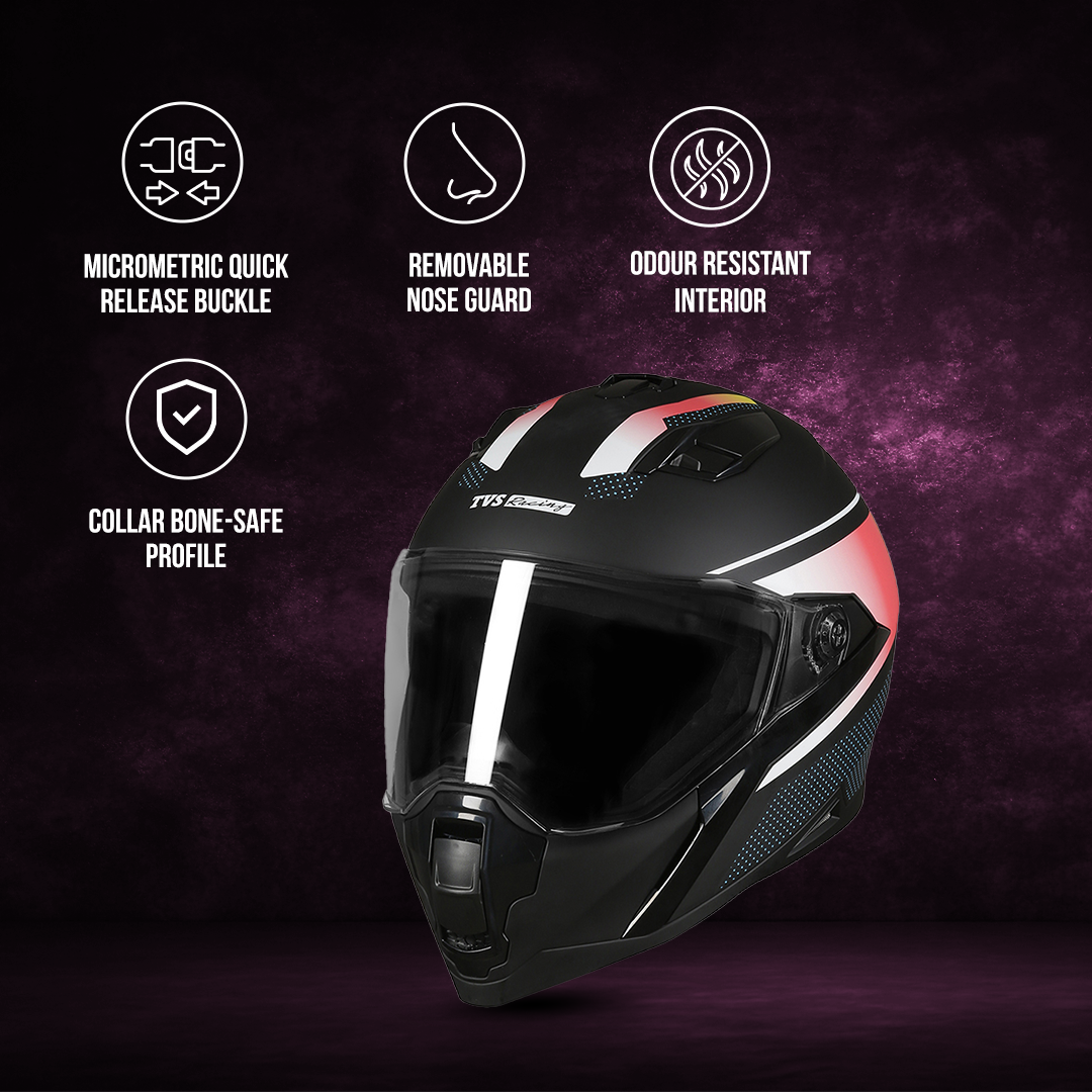 TVS Racing Anti Matter Full Face Helmet for Bike & Motorcycle Riders-DOT & ISI Certified-Lightweight ABS Shell, UV Resistant-Ventilated Comfort Liner, Quick-Release Visor & Chin Strap