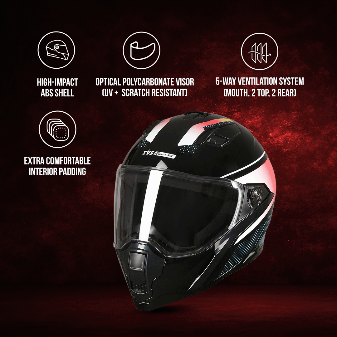TVS Racing Anti Matter Full Face Helmet for Bike & Motorcycle Riders-DOT & ISI Certified-Lightweight ABS Shell, UV Resistant-Ventilated Comfort Liner, Quick-Release Visor & Chin Strap
