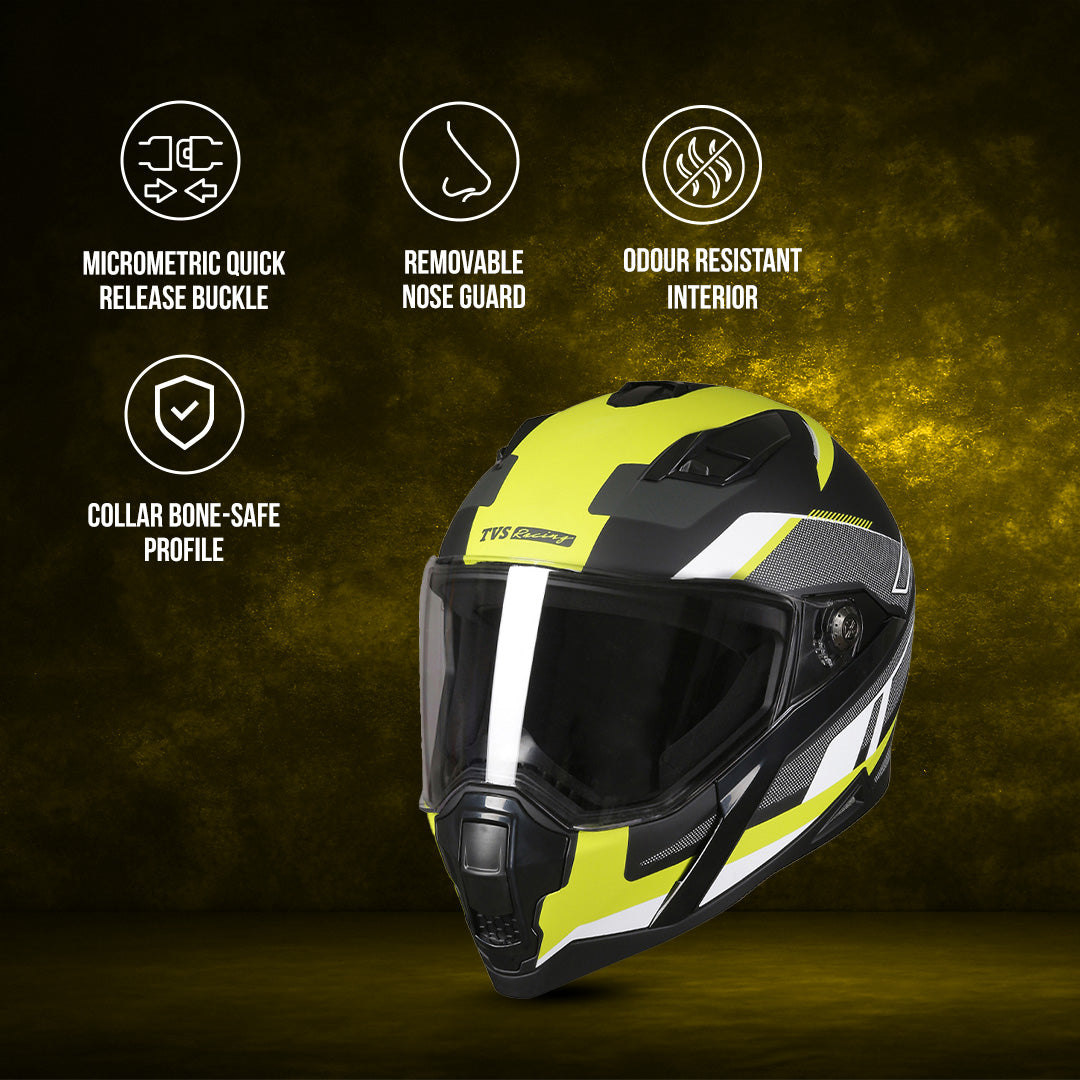 TVS Racing Anti Matter Full Face Helmet for Bike & Motorcycle Riders-DOT & ISI Certified-Lightweight ABS Shell, UV Resistant-Ventilated Comfort Liner, Quick-Release Visor & Chin Strap