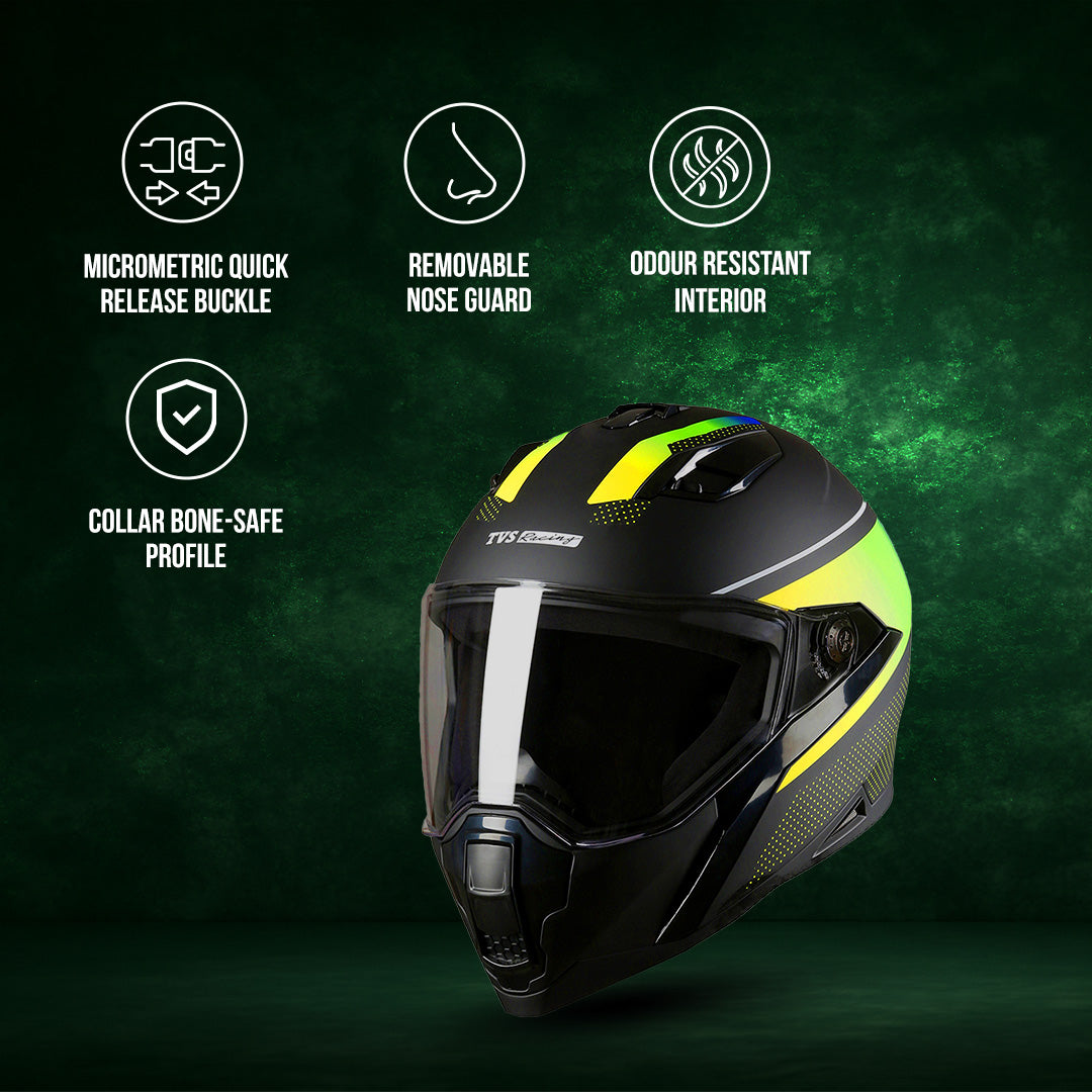 TVS Racing Anti Matter Full Face Helmet for Bike & Motorcycle Riders-DOT & ISI Certified-Lightweight ABS Shell, UV Resistant-Ventilated Comfort Liner, Quick-Release Visor & Chin Strap