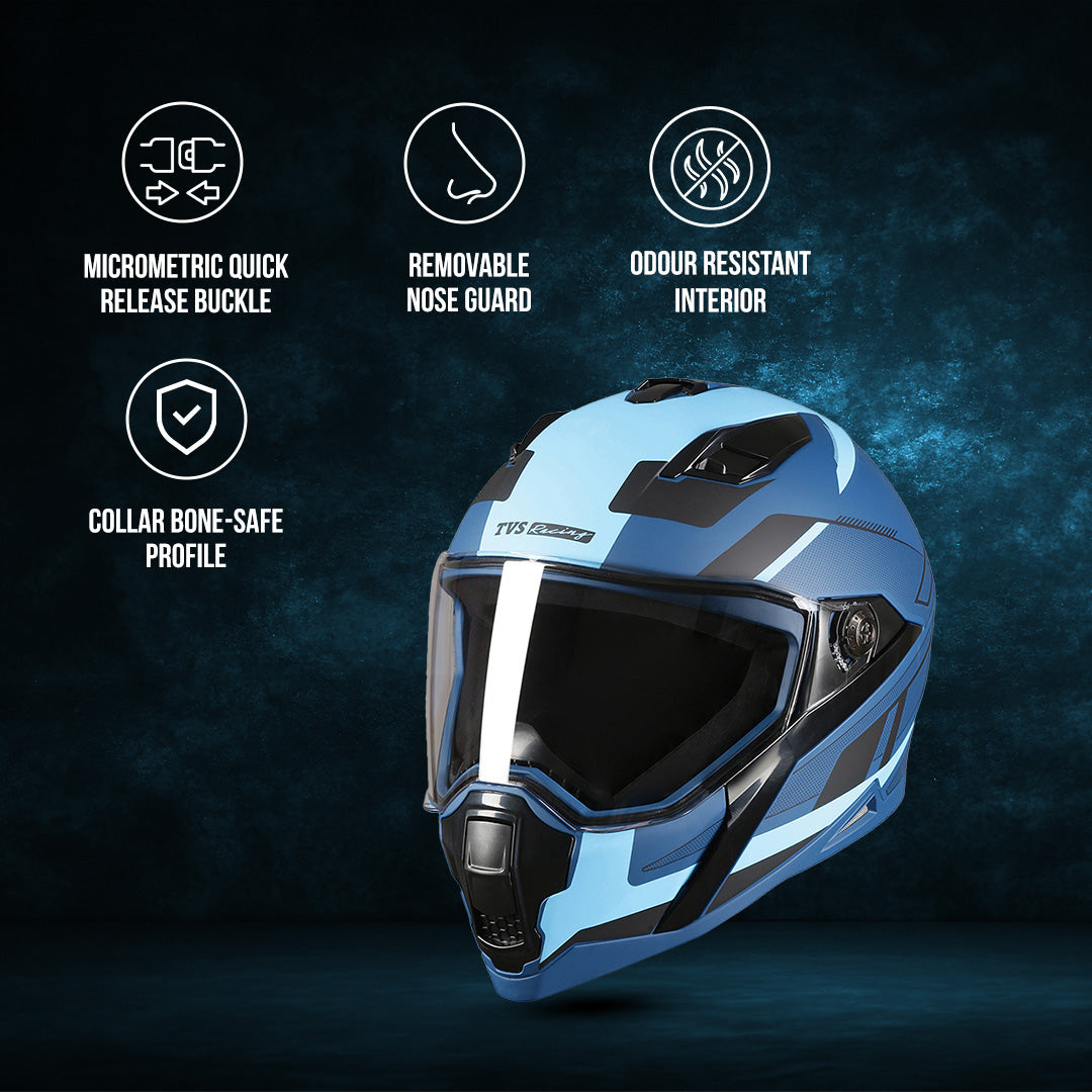 TVS Racing Anti Matter Full Face Helmet for Bike & Motorcycle Riders-DOT & ISI Certified-Lightweight ABS Shell, UV Resistant-Ventilated Comfort Liner, Quick-Release Visor & Chin Strap