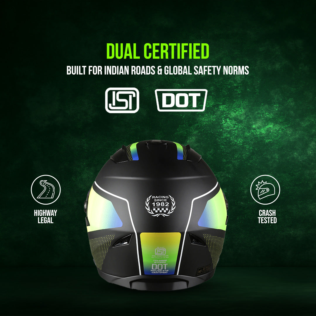 TVS Racing Anti Matter Full Face Helmet for Bike & Motorcycle Riders-DOT & ISI Certified-Lightweight ABS Shell, UV Resistant-Ventilated Comfort Liner, Quick-Release Visor & Chin Strap