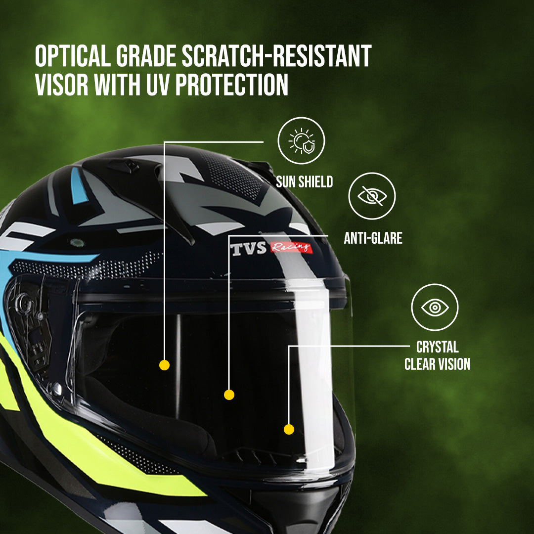 TVS Racing Titan Series Full Face Helmet for Men | Premium Bike Helmets with ABS Shell, UV Paint | Quick Release System | Aerodynamic Design | DOT & ISI Certified