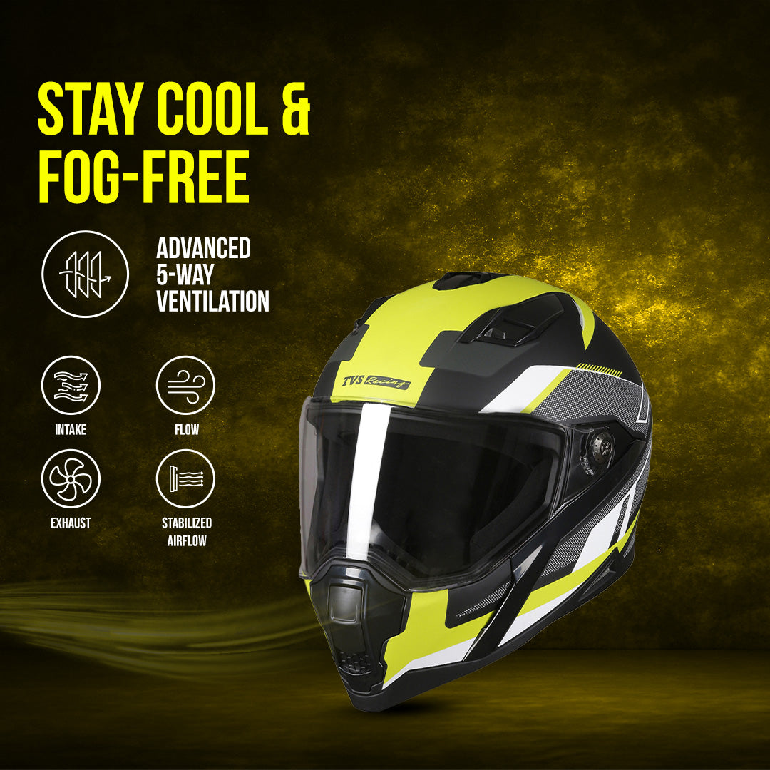 TVS Racing Anti Matter Full Face Helmet for Bike & Motorcycle Riders-DOT & ISI Certified-Lightweight ABS Shell, UV Resistant-Ventilated Comfort Liner, Quick-Release Visor & Chin Strap