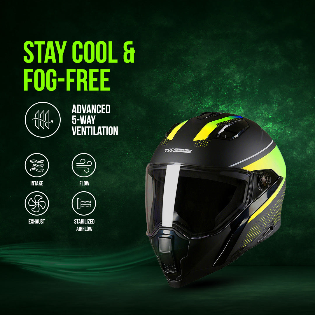 TVS Racing Anti Matter Full Face Helmet for Bike & Motorcycle Riders-DOT & ISI Certified-Lightweight ABS Shell, UV Resistant-Ventilated Comfort Liner, Quick-Release Visor & Chin Strap