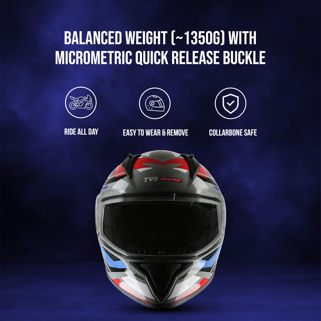 TVS Racing Titan Series Full Face Helmet for Men | Premium Bike Helmets with ABS Shell, UV Paint | Quick Release System | Aerodynamic Design | DOT & ISI Certified