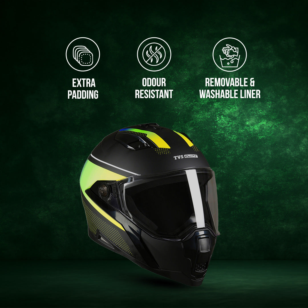 TVS Racing Anti Matter Full Face Helmet for Bike & Motorcycle Riders-DOT & ISI Certified-Lightweight ABS Shell, UV Resistant-Ventilated Comfort Liner, Quick-Release Visor & Chin Strap