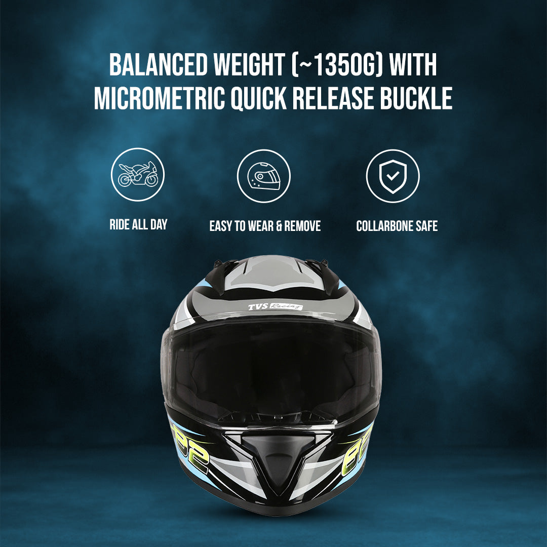 TVS Racing Titan Series Full Face Helmet for Men | Premium Bike Helmets with ABS Shell, UV Paint | Quick Release System | Aerodynamic Design | DOT & ISI Certified