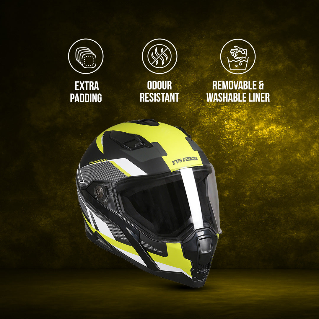 TVS Racing Anti Matter Full Face Helmet for Bike & Motorcycle Riders-DOT & ISI Certified-Lightweight ABS Shell, UV Resistant-Ventilated Comfort Liner, Quick-Release Visor & Chin Strap