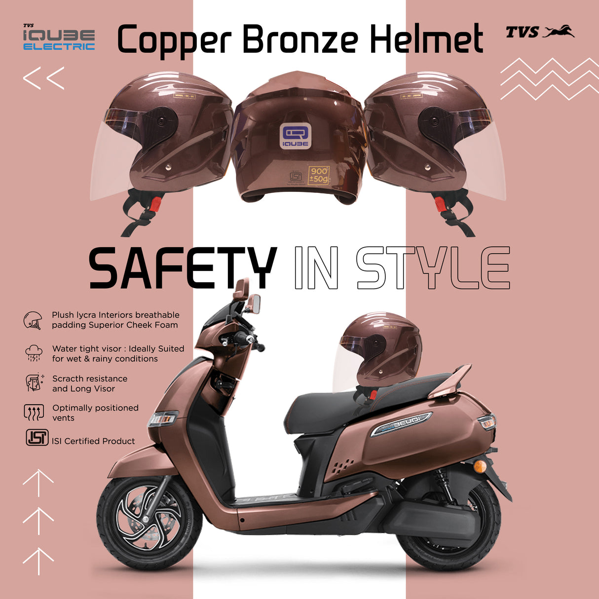 TVS Half Face Copper Bronze Helmet for IQUBE Electric Scooter - ISI Certified