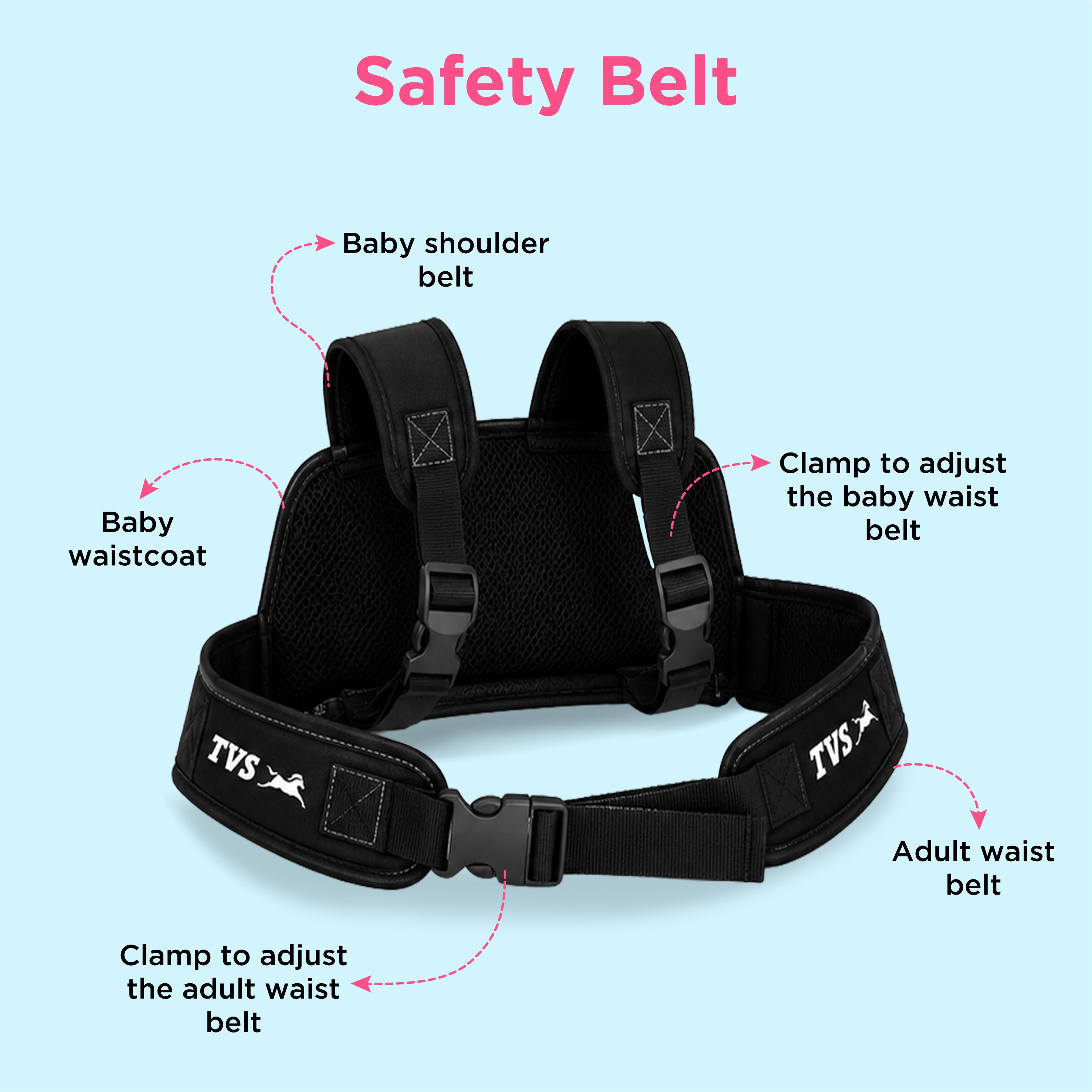 TVS Kids Safety Belt for Bike and Scooter, Child Safety Harness with Adjustable Soft Padded Strap, Heavy-Duty Buckle, 24 kg Capacity
