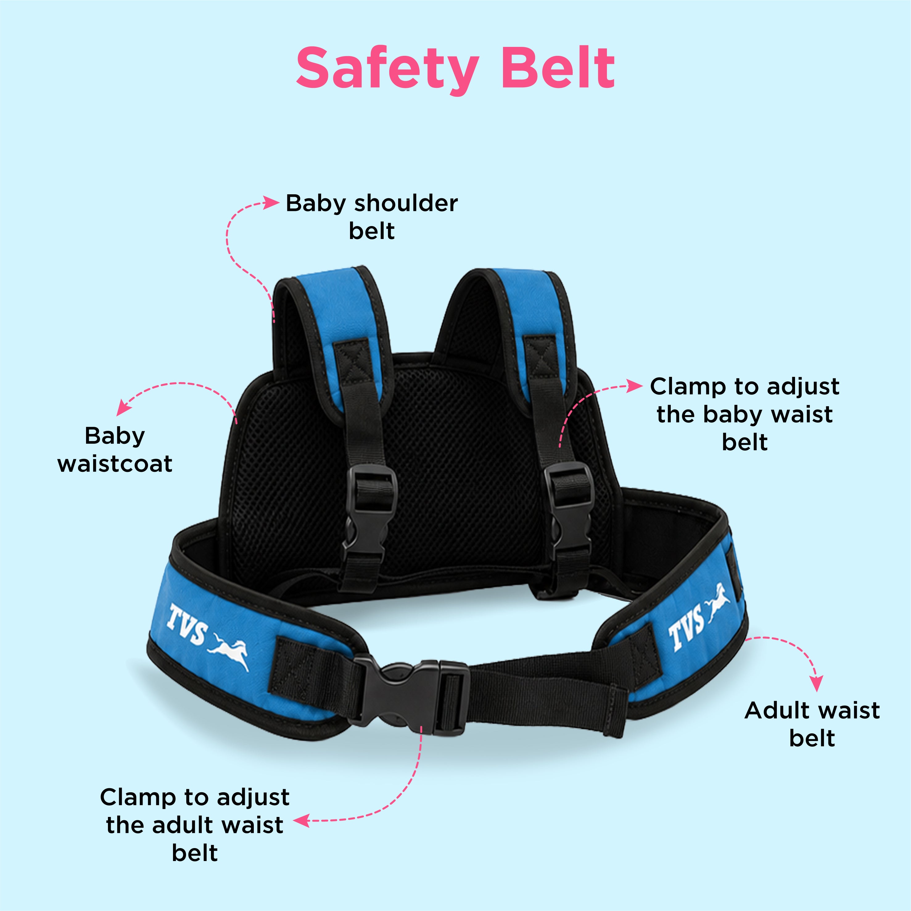 TVS Kids Safety Belt for Bike and Scooter, Child Safety Harness with Adjustable Soft Padded Strap, Heavy-Duty Buckle, 24 kg Capacity