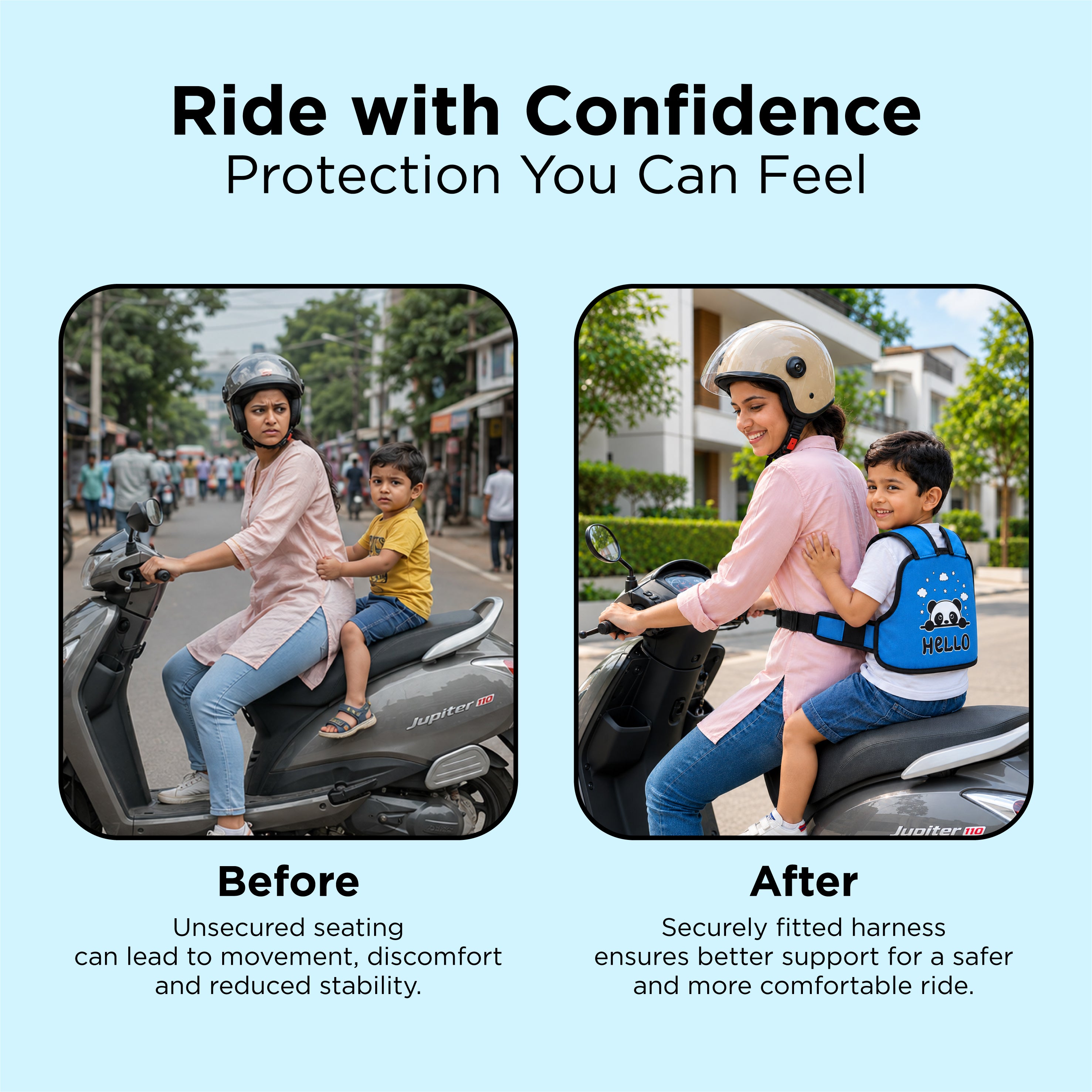 TVS Kids Safety Belt for Bike and Scooter, Child Safety Harness with Adjustable Soft Padded Strap, Heavy-Duty Buckle, 24 kg Capacity