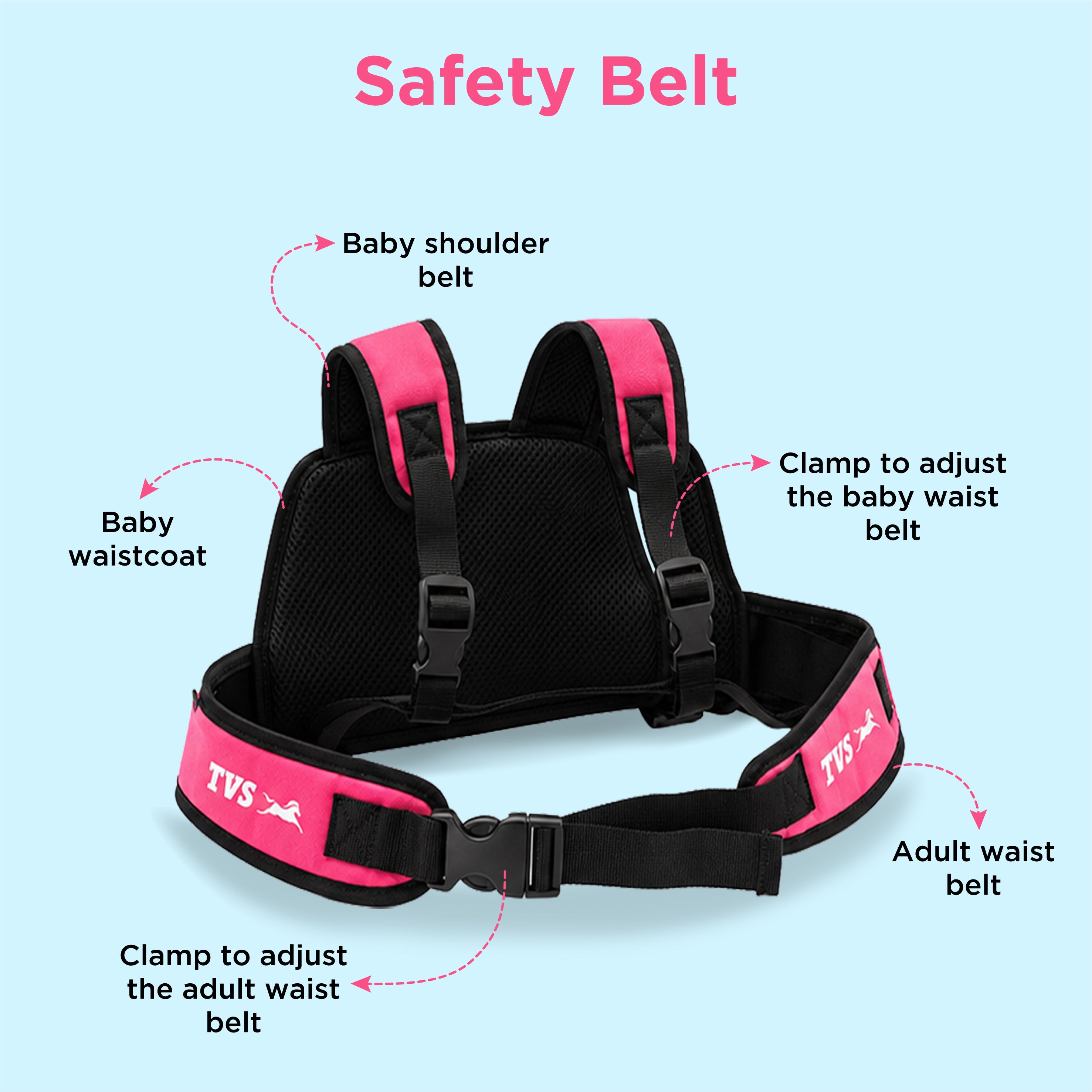 TVS Kids Safety Belt for Bike and Scooter, Child Safety Harness with Adjustable Soft Padded Strap, Heavy-Duty Buckle, 24 kg Capacity