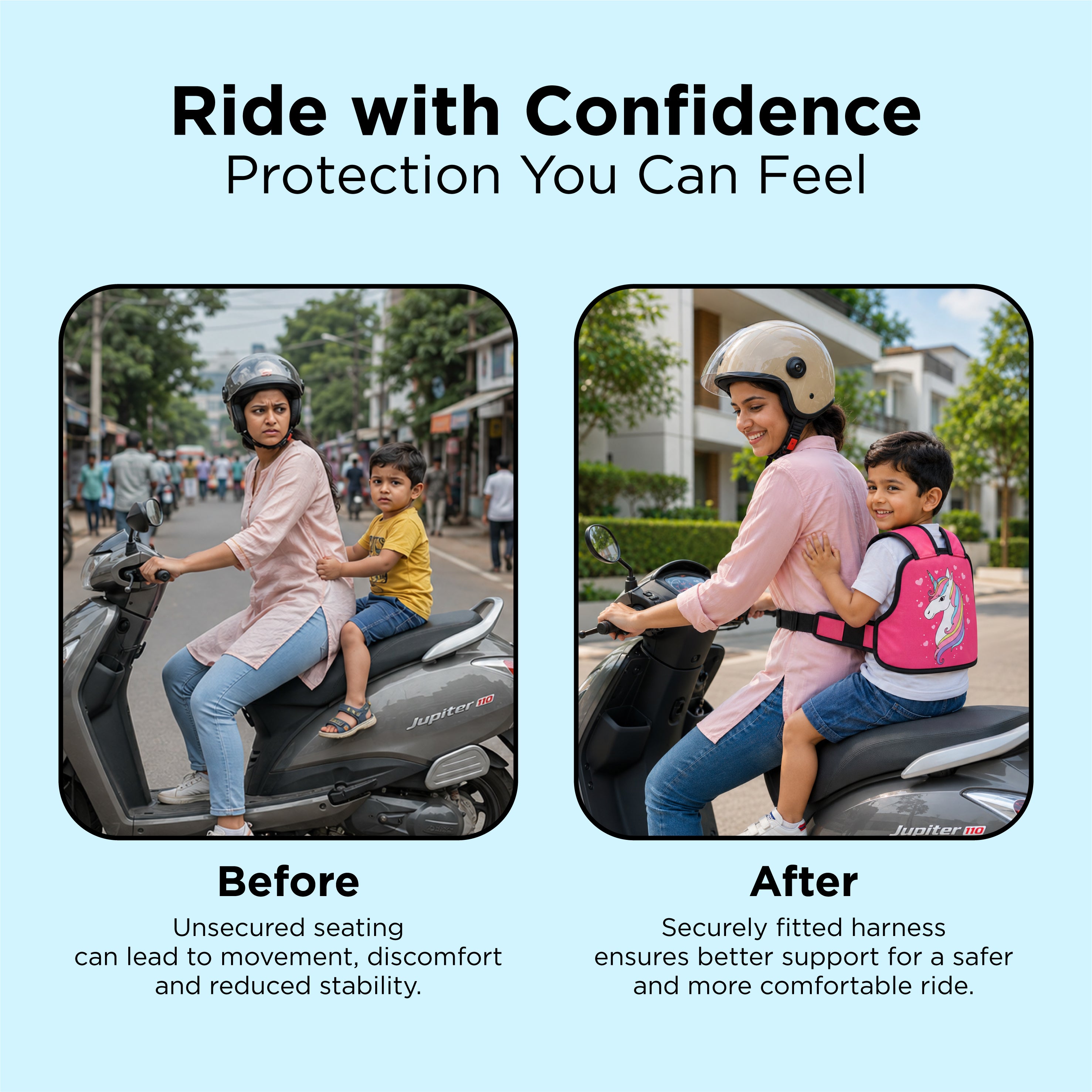 TVS Kids Safety Belt for Bike and Scooter, Child Safety Harness with Adjustable Soft Padded Strap, Heavy-Duty Buckle, 24 kg Capacity