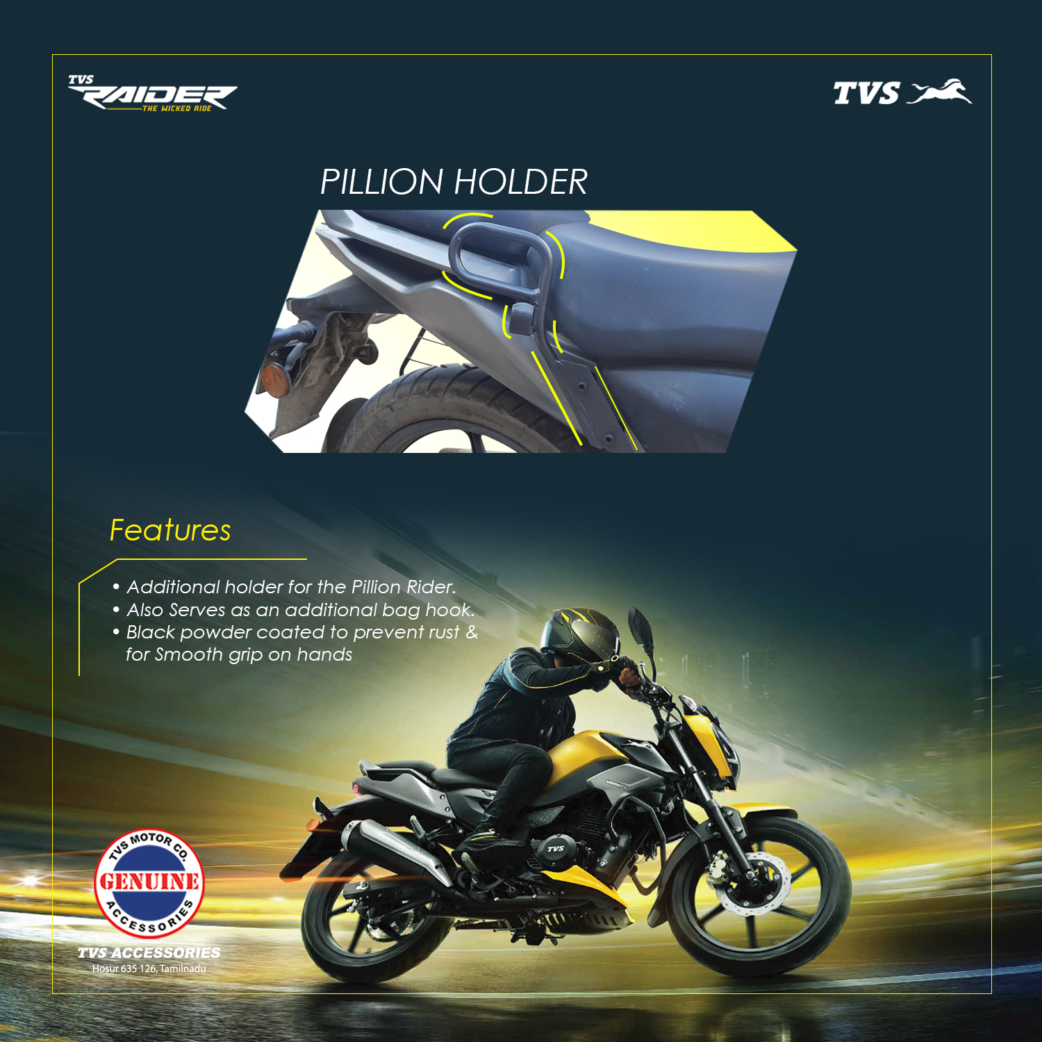 TVS Raider Tank Cover Black - Durable and Stylish Protection and TVS Raider Pillion Holder - Secure and Durable Protection