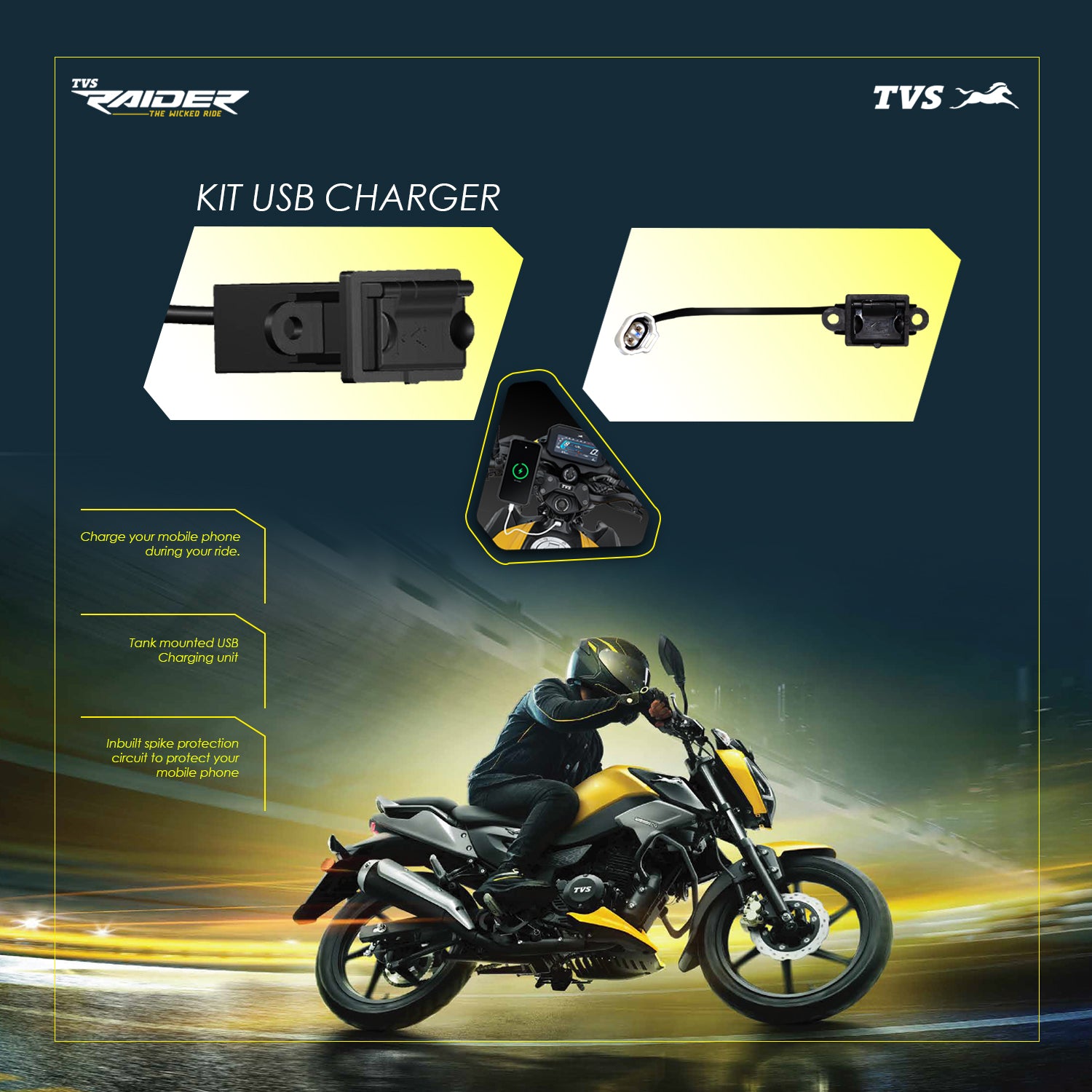 TVS USB Mobile Charger Kit for RAIDER | Waterproof, Shockproof and Easy to Install - TVS Motor Company