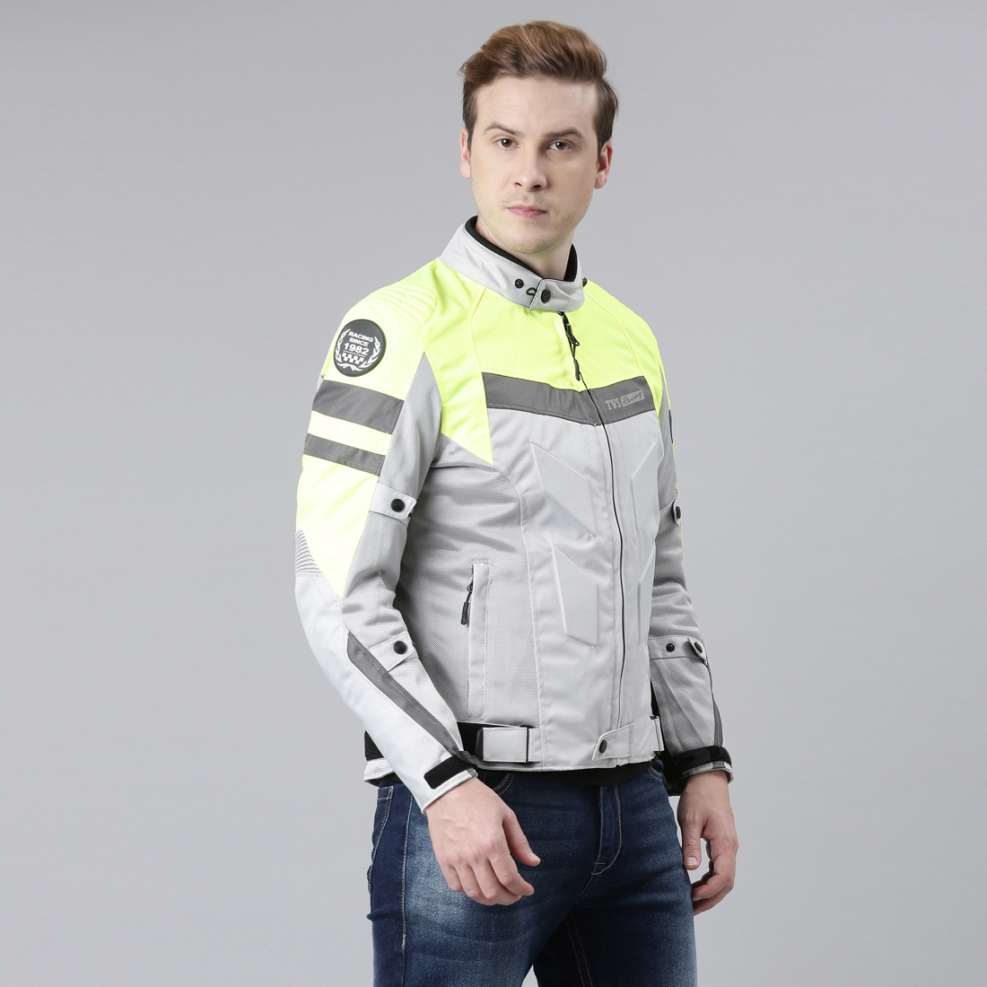  TVS Racing Challenger 3-Layer Riding Jacket for Men- All Weather Adaptability, CE Level 2 Armour Protection – Premium Bike Jackets for Bikers (Grey)