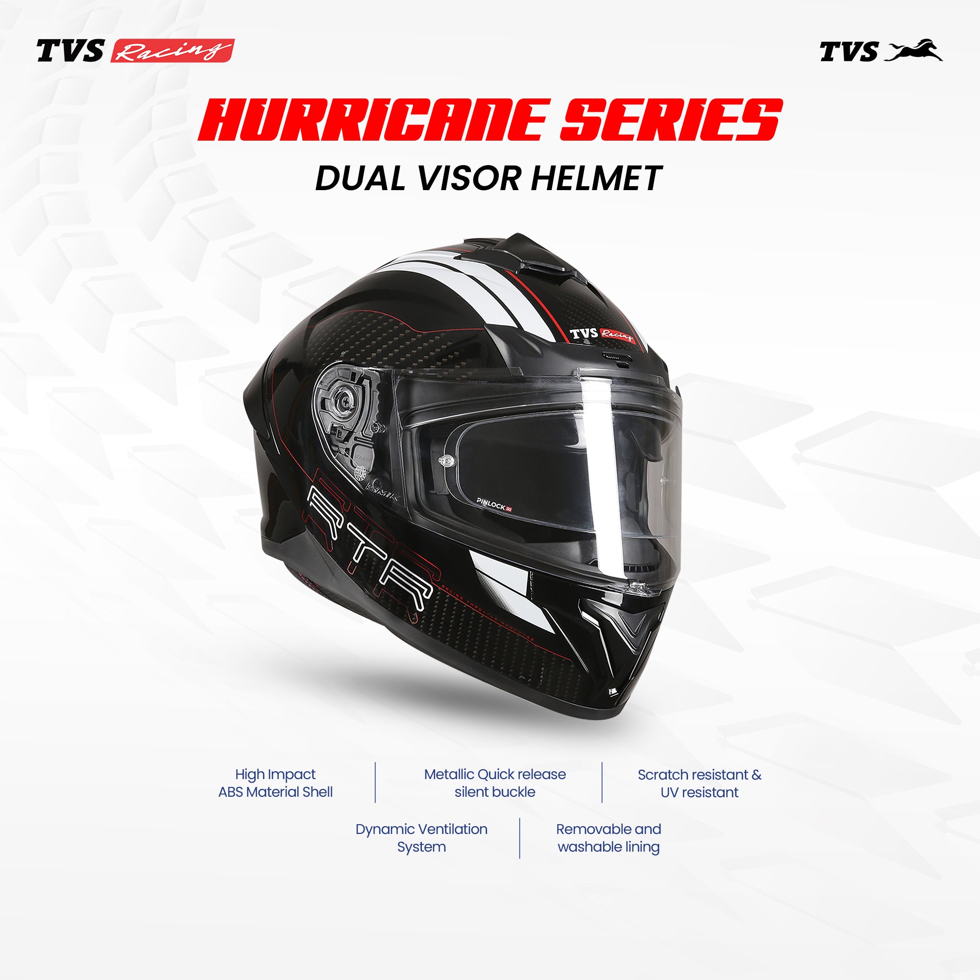 TVS Racing Hurricane Series Full Face Dual Visor Helmet for Men | Premium Bike Helmets with ABS Shell, UV Paint | Quick Release System | Aerodynamic Design | ECE, DOT & ISI Certified (White & Red)