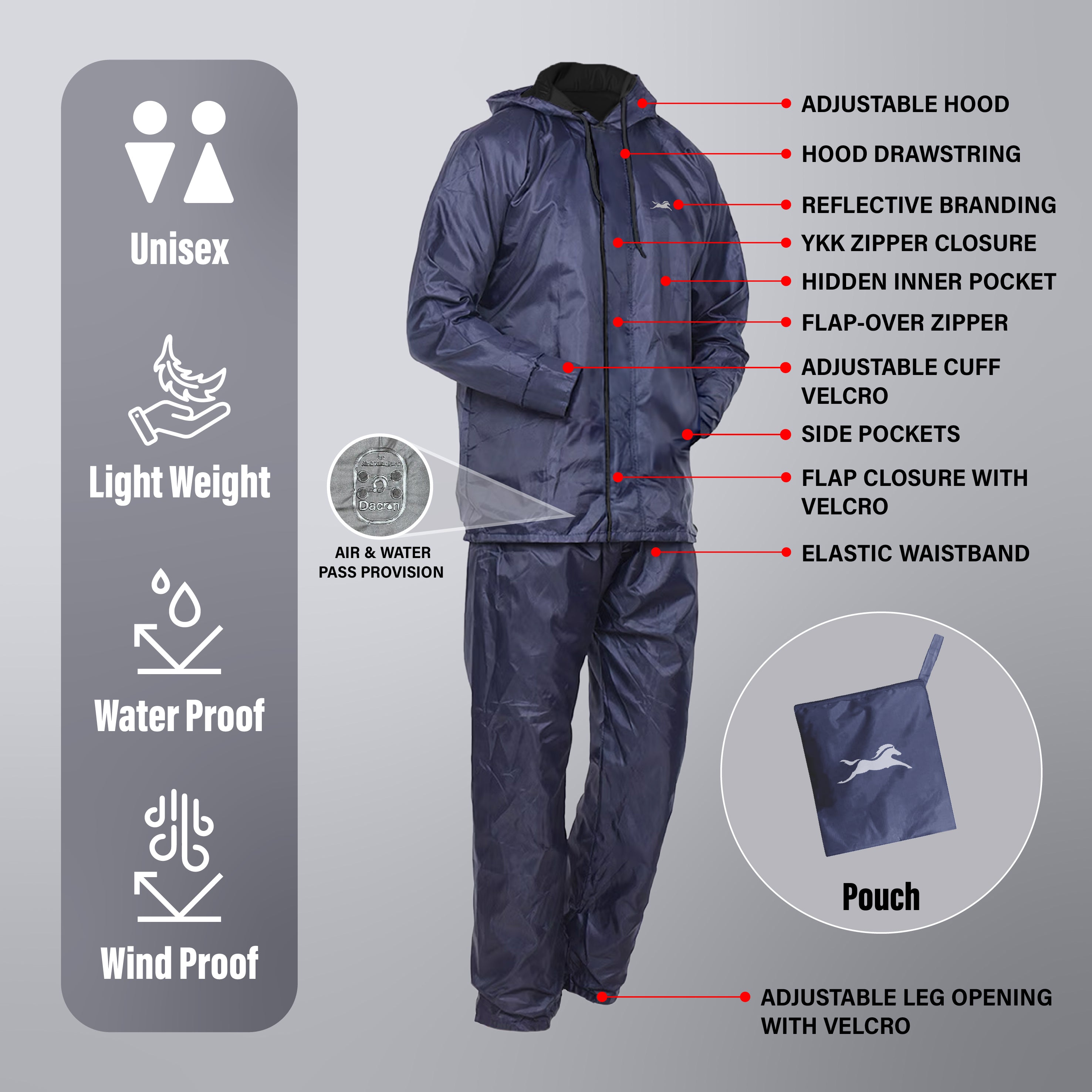 TVS Double-Layer Polyester Raincoat with Pants & Adjustable Drawcord Hood