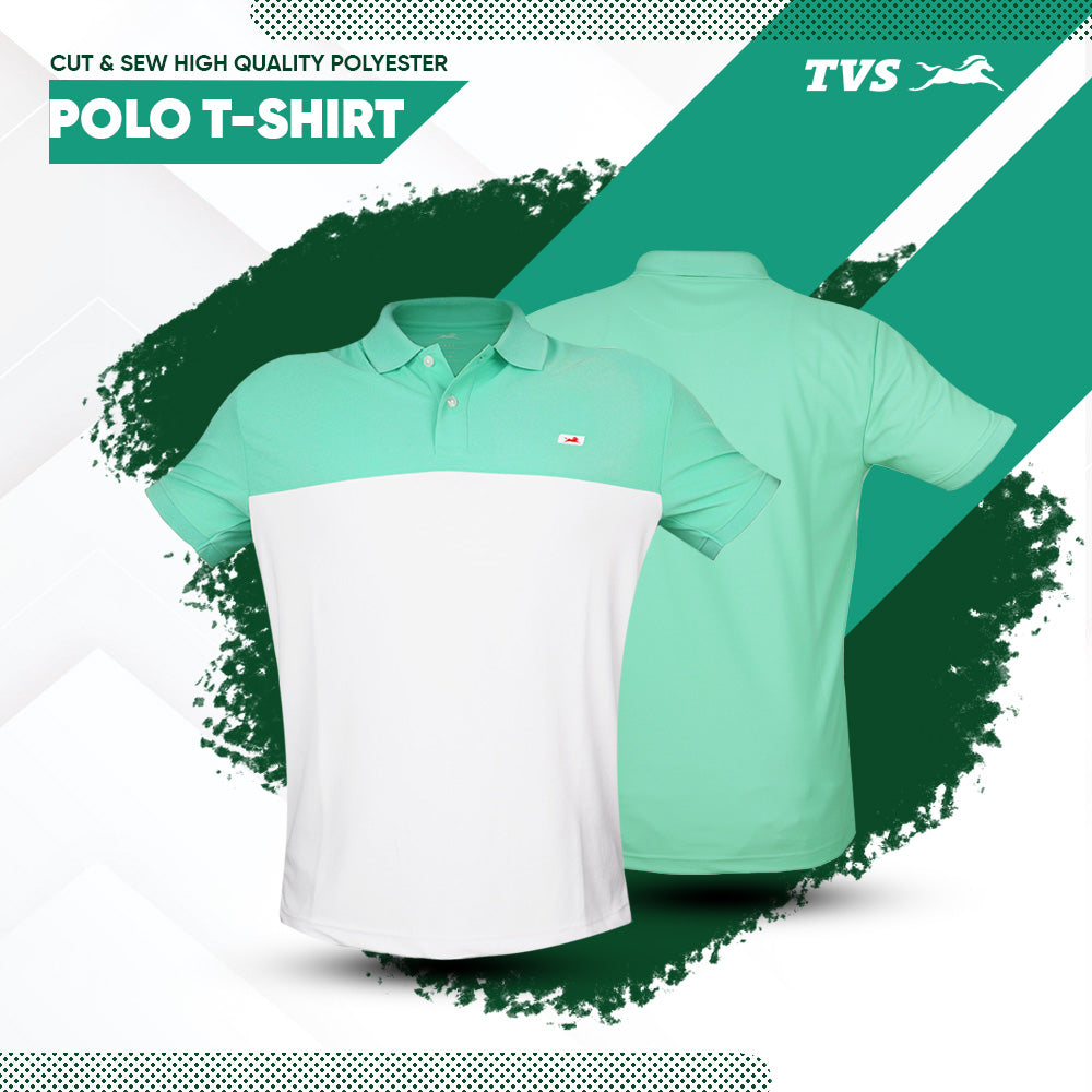 TVS Cut and Sew high Quality Polyster Polo T-Shirt, Color: White & Green