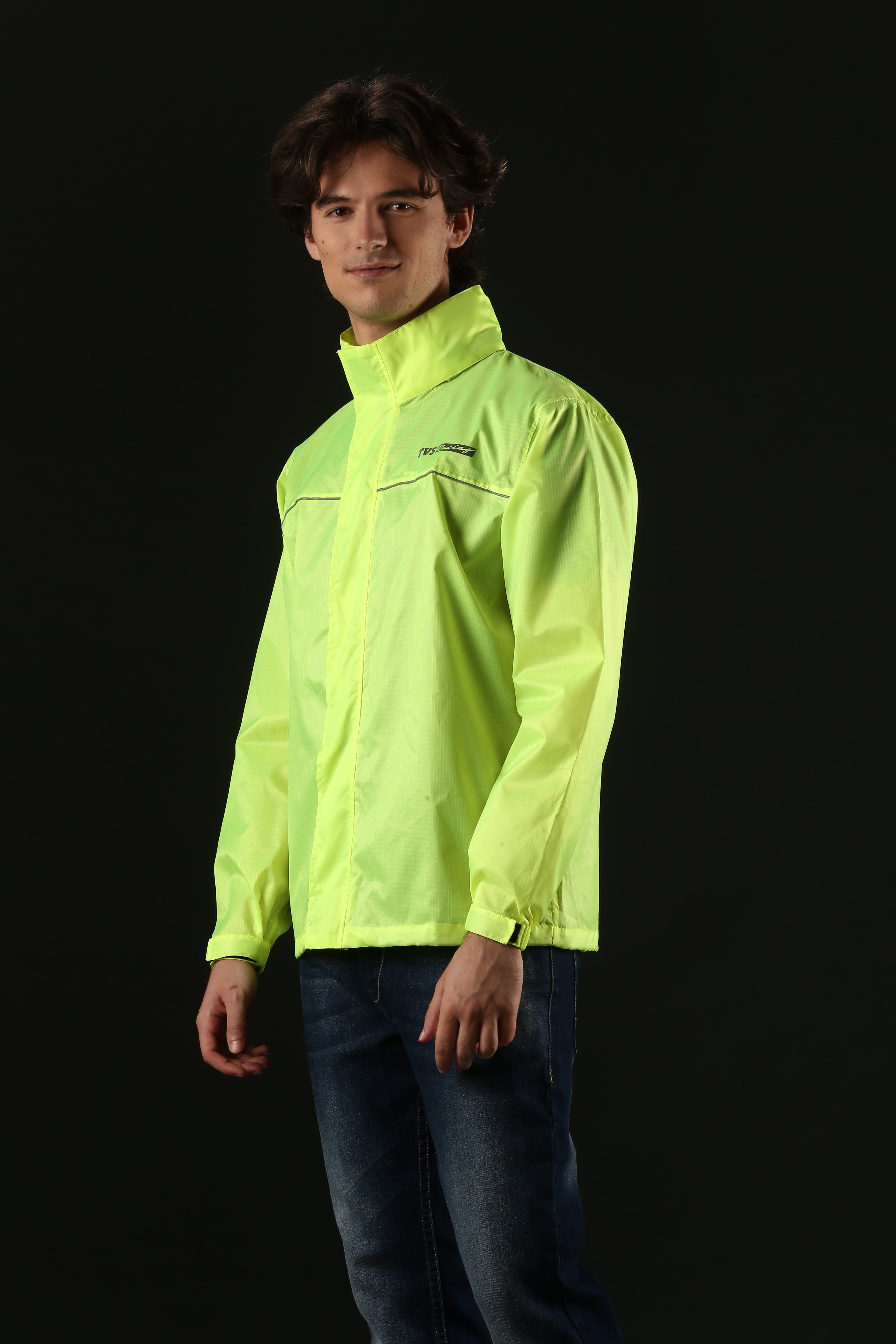 TVS Racing Rainshield Pro Rain Jacket | Lightweight Waterproof Rain Coat for Men | Compact Rain Jacket for Boys & Girls | Windproof Riding Rain Coat with Reflective Details for All-Weather Rides, Color; Neon