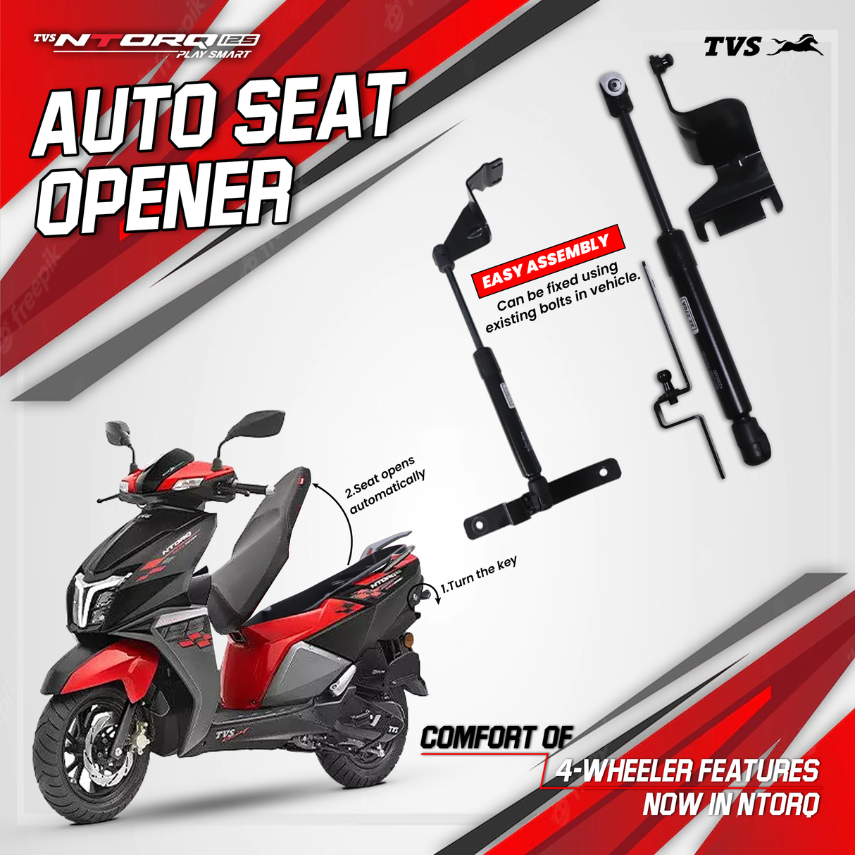 TVS Ntorq Auto seat opener - Heavy-Duty Universal Auto Seat Opener with Quick-Release Mechanism - Easy Installation, Durable Construction, and Secure Seat Access for Motorcycles, and Scooters, Compatible with Most Vehicle Models - TVS Motor Company