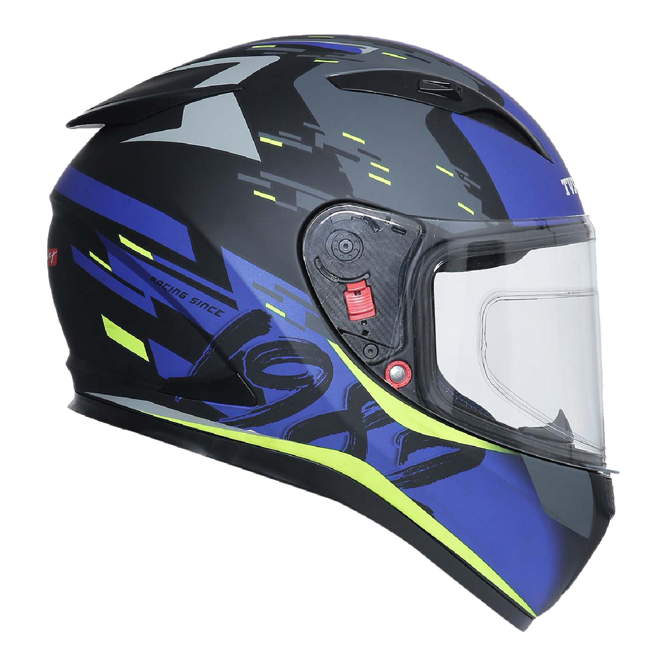 TVS Racing Helmet for Men – Anti-Fog Pin-Lock, Aerodynamic Design & DOT/ISI/ECE Certified – Premium Bike Helmet with Secure Fastening (Blue & Neon)