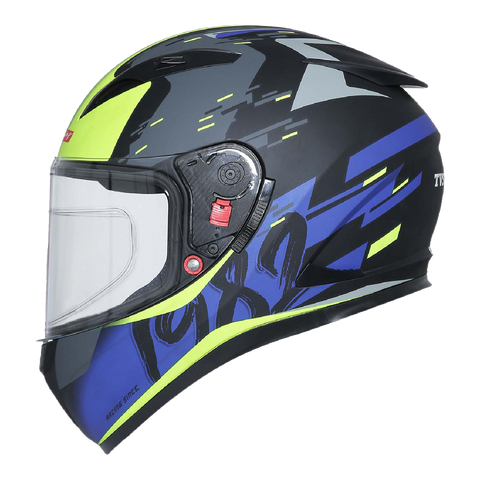 TVS Racing Helmet for Men – Anti-Fog Pin-Lock, Aerodynamic Design & DOT/ISI/ECE Certified – Premium Bike Helmet with Secure Fastening (Blue & Neon)