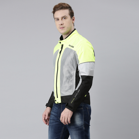 TVS Racing Road Zipper Riding Jacket for Men- High Abrasion 600D Polyester, CE Level 2 Armour Protection – Essential Bike Jacket for Bikers (Neon)
