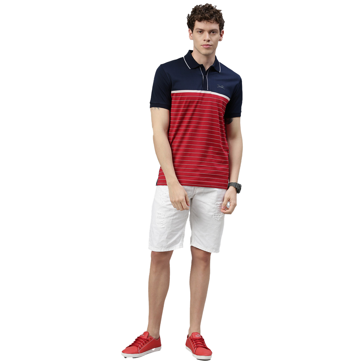 Red Bermuda Shorts with White Polo Shirt