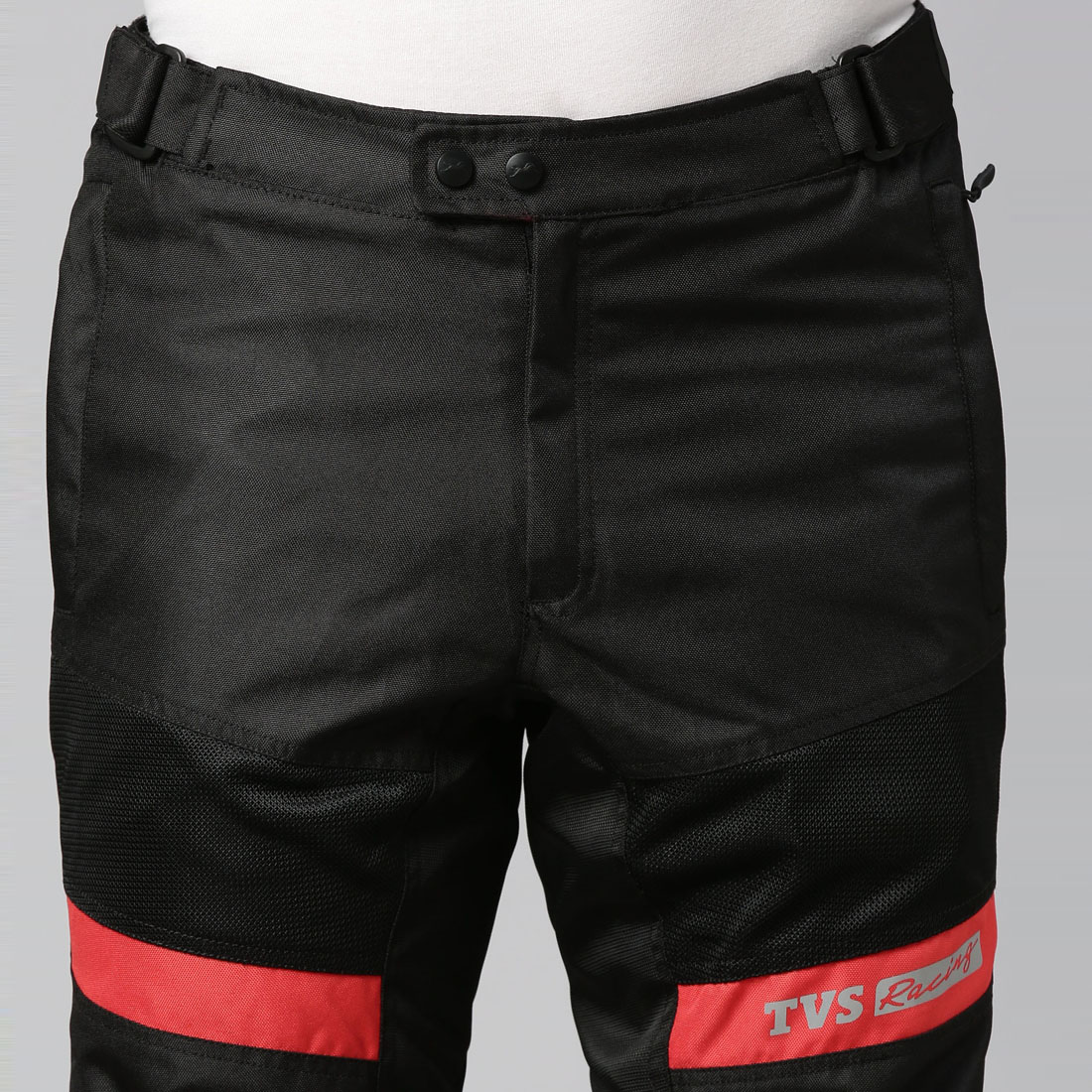  TVS Racing Riding Pant for Men: Pant for Men Biker with CE Level-2 Knee Armor, High-Abrasion Resistance, Day-Night Reflective Safety, Adjustable Comfort Fit, and Mesh for Ventilation (Black/Red-M)